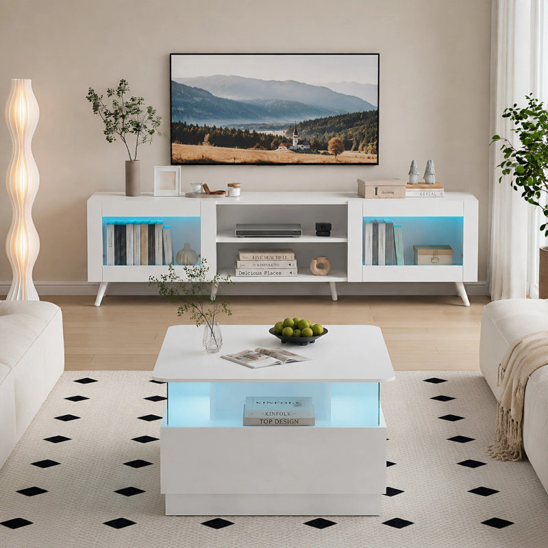 Modern Living Room Set, LED TV Stand & Square Coffee Table Combo, White