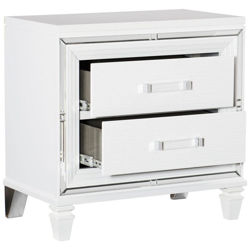 Table de chevet blanche avec 2 tiroirs fonctionnels et poignées de bar élégantes en acrylique