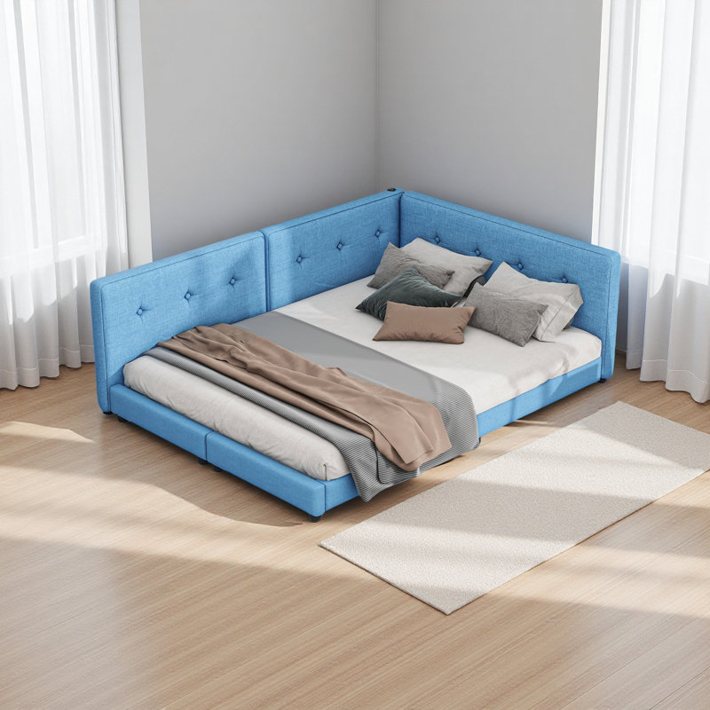 Lit plateforme tapissier avec ports USB, Grand lit