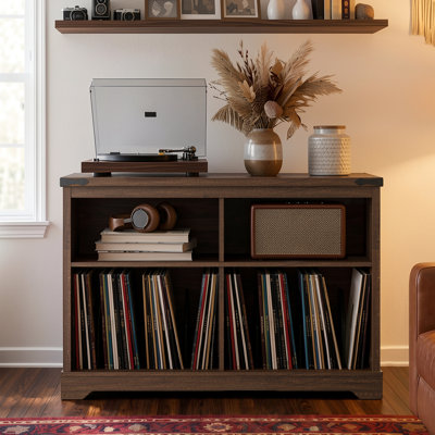 29.8" Farmhouse-style Record Player Stand, Vinyl Record Storage Cabinet with Metal Dividers