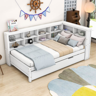Wood DayBed with Trundle, Shelves and USB Charging Ports