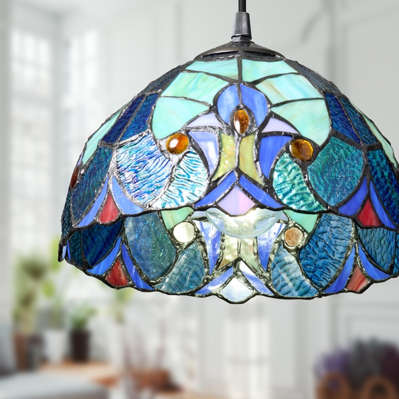 10.25"W Stained Glass Traditional Dome Shade Pendant, Blue/Red/Green