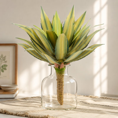 26in Artificial Agave Stakes - Set of 2, Yellow Variegated Narrow Spiny Edge Leaf Faux Succulent Stems, Weatherproof No Pot for Landscape Decor
