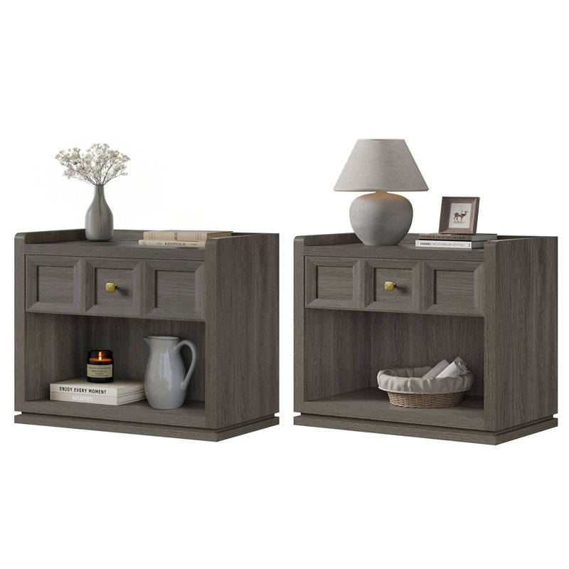 Tables de chevet l 30,7 po Helio avec 1 tiroir et 1 armoire de rangement ouverte, H 25 po x l 30,7 po x P 15,4 po, Gris foncé