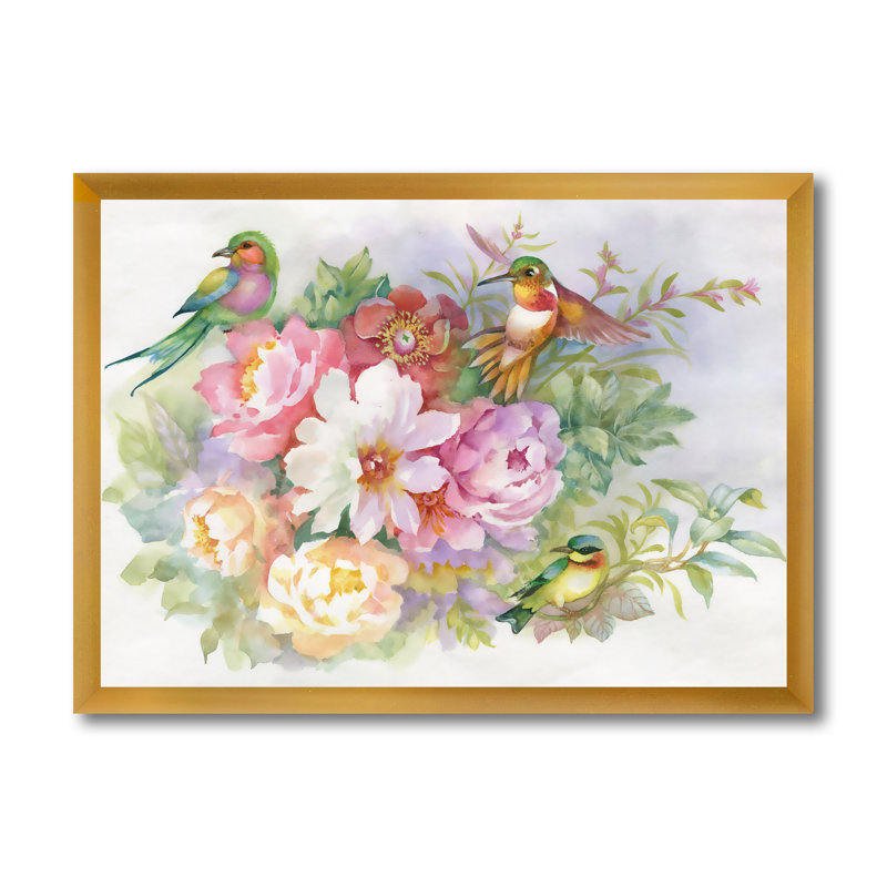 Fleurs vibrantes et oiseaux colorés - peinture sur toile, H 12 po x l 20 po x p 1 po, Cadre doré