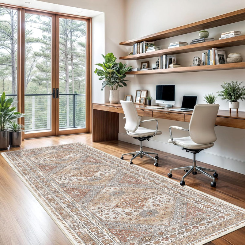 Medallion Non Slip Washable Rug(Orange), Runner 3' x 10'