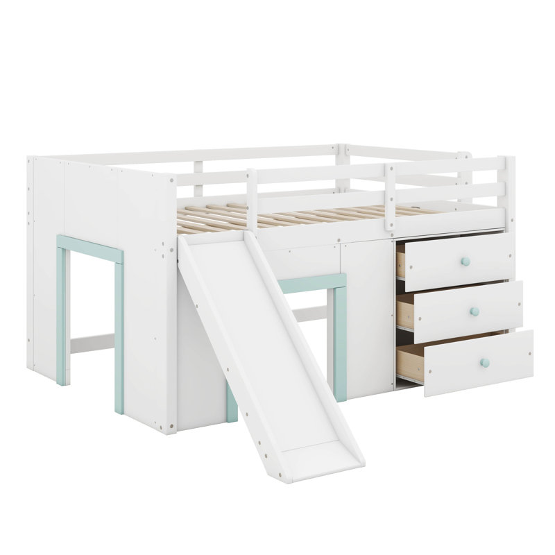 Full Size Low Loft Bed For Kids,Wood Modern Farmhouse Full Loft Bed With Slide And Drawer Storage, No Box Spring Needed