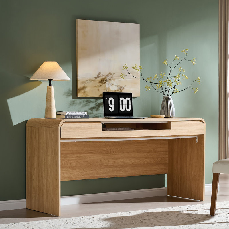 Bureau d'ordinateur moderne Maud de 63 po avec 2 tiroirs de rangement, bureau d'écriture avec plateau pour clavier et prise de courant pour bureau à domicile Maud