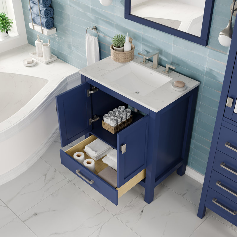 Minnich 24 In. Blue Single Sink Bath Vanity With Carrara Quartz Top And Undermount Porcelain Sink