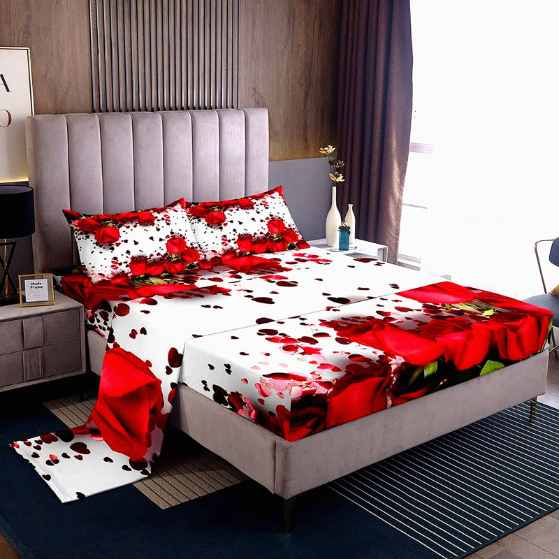 Romantic Rose Blossom Bedding Set - Petals Floral Bouquet Design - Microfiber Fitted Sheet & Bed Cover - Couple Lover Room Decor - Queen Size 4Pcs