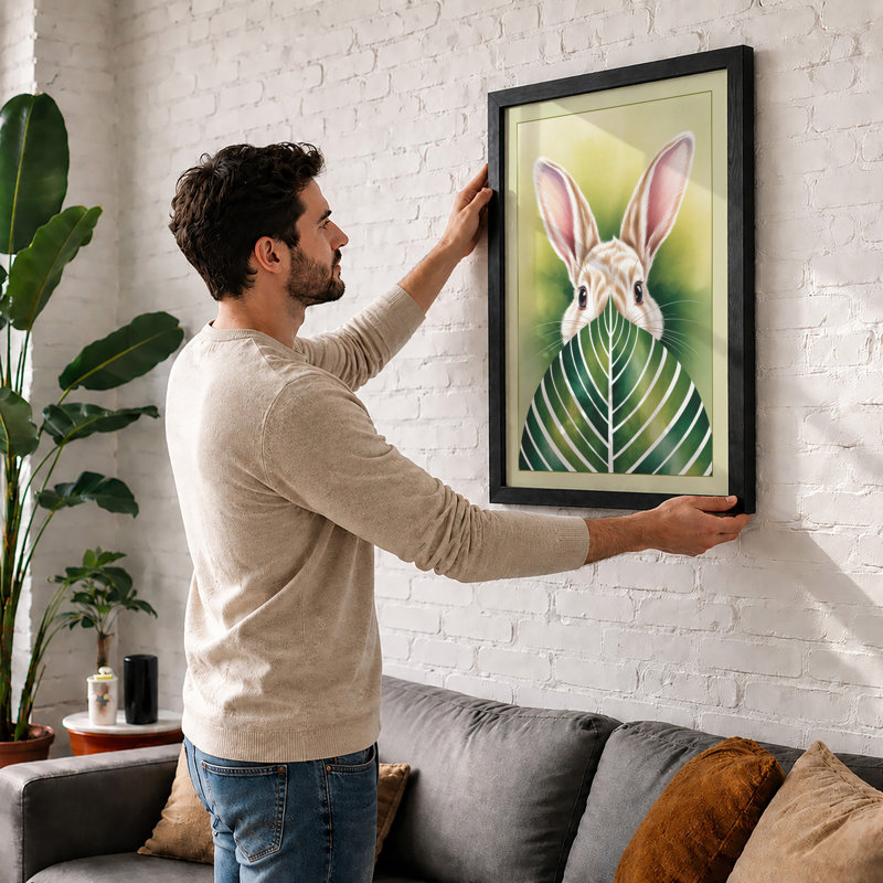 Rabbit and Striped Leaf Boho - Framed Print, Unframed, A4 - 29.7 x 21.0 cm
