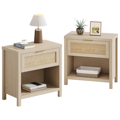 Rattan Night Stands, Boho Bedside Table With Drawer And Storage Shelf