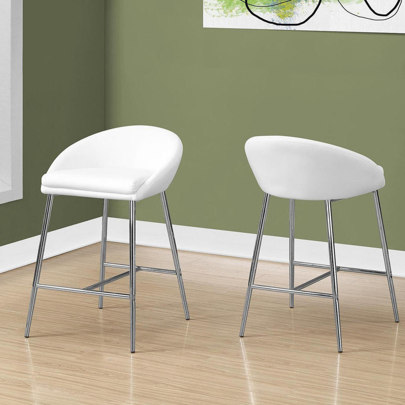 Tabouret de bar, ensemble de 2, hauteur comptoir, cuisine, métal chromé, aspect cuir blanc, contemporain, moderne, Blanc