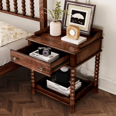 Vintage Nightstand In Walnut - Retro Style Bedside Table With Drawer And Open Shelf, Turned Legs Metal Pin Retro-Style For Bedroom Use Walnut, Rope