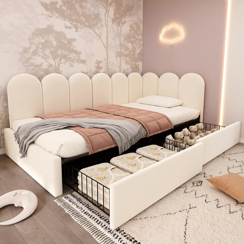   3ft Daybed Sofa Bed With 2 Drawers Velvet, Beige