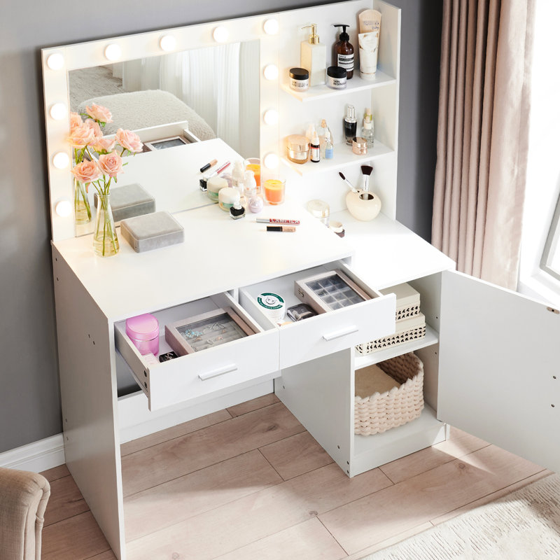 Vanity Desk With Mirror And Lights, 46.4in Dressing Table, 2 Large Drawers & Mesmerizing Vertical Organizer, 3 Level Dresser, Lighting Modes Adjustable Brightness For Bedroom