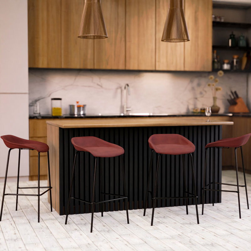 Masayo 29.52'' Short Bar Stool with Upholstered Seat and Iron Frame, Bordeaux
