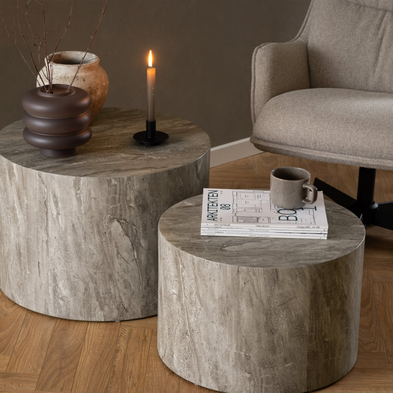 Dice Round Coffee Table Set, Gray Marble