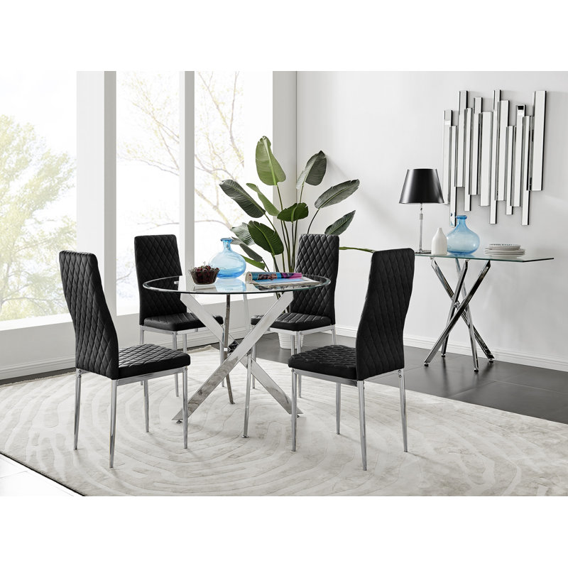 Bernell Modern Chrome Metal & Glass Round Dining Table Set with 4 Quilted Velvet Chairs, 75 x 100 x 100cm, Silver