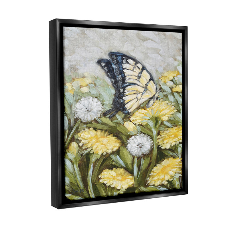 "Butterfly And Yellow Daisies" par Sara G., motifs sur toile, Cadre flottant noir de jais, H 21 po x l 17 po