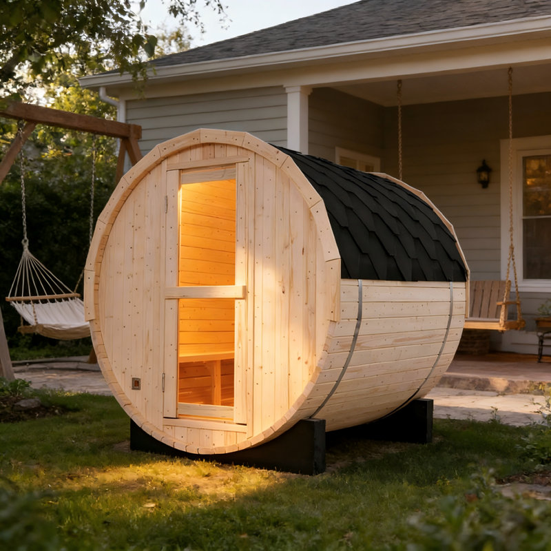 4 Person Outdoor Barrel Sauna, White Pine Wood Sauna With Tempered Glass Door For Backyard Patio