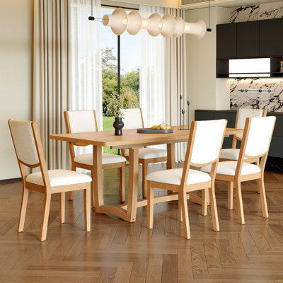 Ensemble de table de salle à manger extensible 7 pièces pour 6 personnes, table de cuisine rectangulaire avec 6 chaises rembourrées, chaises de salle à manger à dossier courbé pour la salle à manger (naturel)