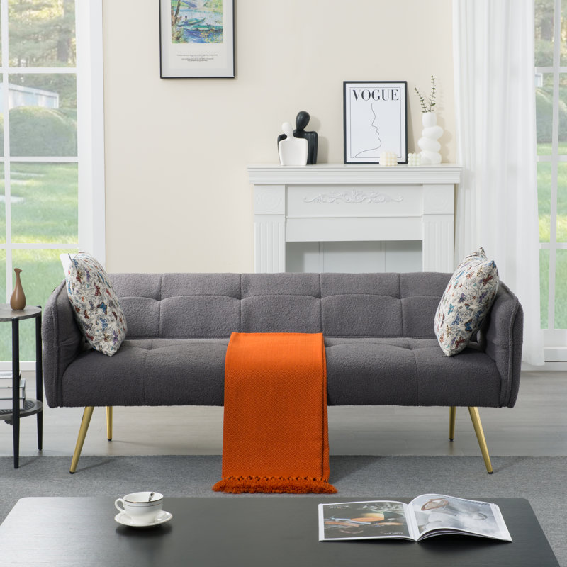 Canapé-lit futon en velours gris foncé foncé - 5 positions réglables, pieds en métal doré, 2 coussins décoratifs, capacité de 600 lb