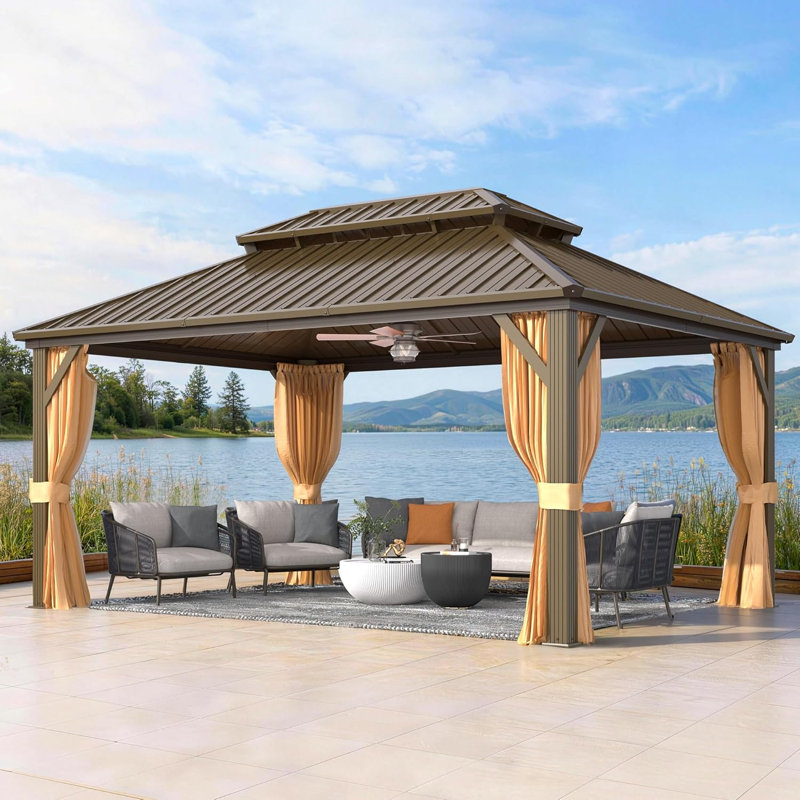 Pavillon de jardin à toit rigide 12 pi x 16 pi avec double toit en acier galvanisé et cadre en aluminium, pavillon extérieur brun avec rideaux et filet pour patio et jardin