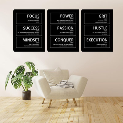 Motivational Painting Wall Art 3 Pieces Black Canvas Print Office Decor Poster Inspiring Framed Art Wall Decor Inspirational Quotes Wall Art Home Workplace Decoration Ready To Hang 16"Wx24"Hx3 Pieces