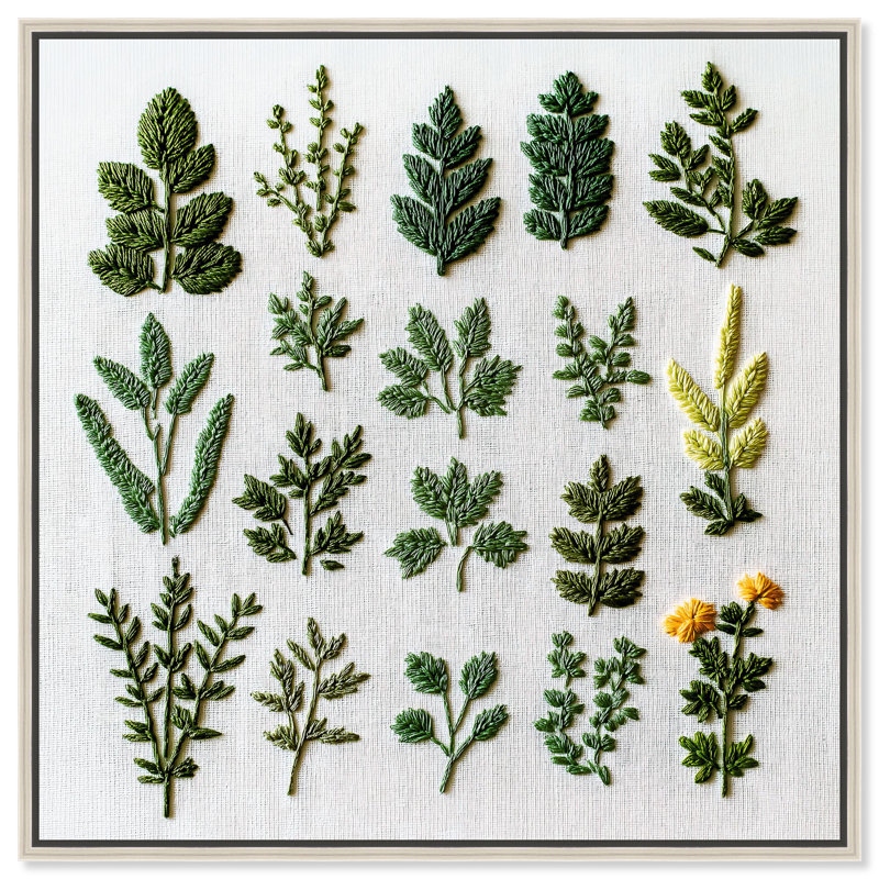 «Stitched Sprout II», impressions florales sur toile par Art Remedy, H 17 po x l 17 po, Cadre argenté