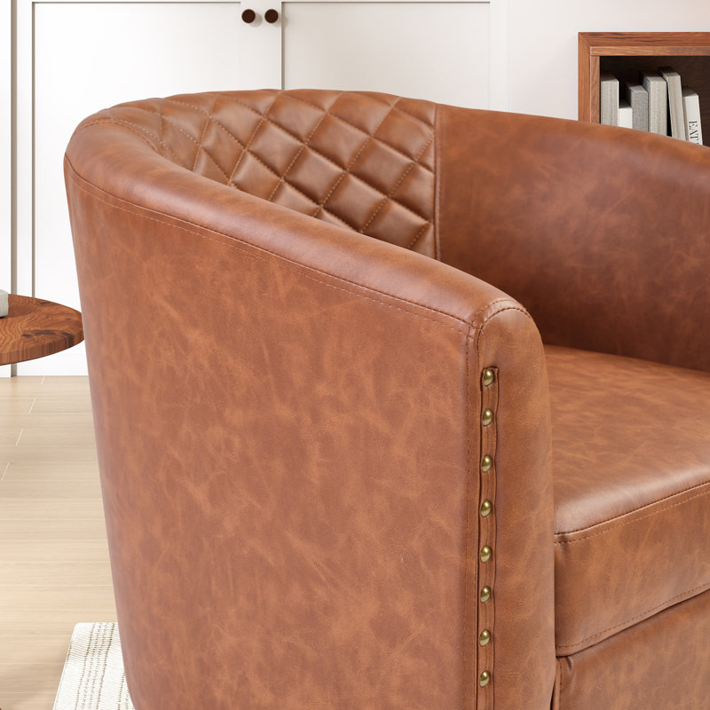 25.2" W Vintage Faux Leather Barrel Chair With Tufted Back And Nailhead Trim, 4