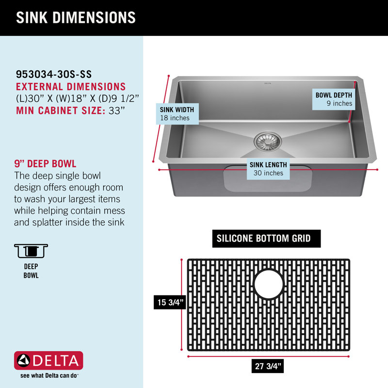 Évier de cuisine à cuve simple en acier inoxydable de calibre 16 avec accessoires Delta Lenta ™, L 30 po x l 18 po