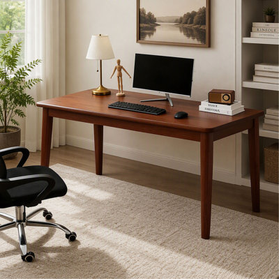 55" Mid-Century Modern Solid Wood Desk, Walnut Finish, Small Writing Desk for Bedroom