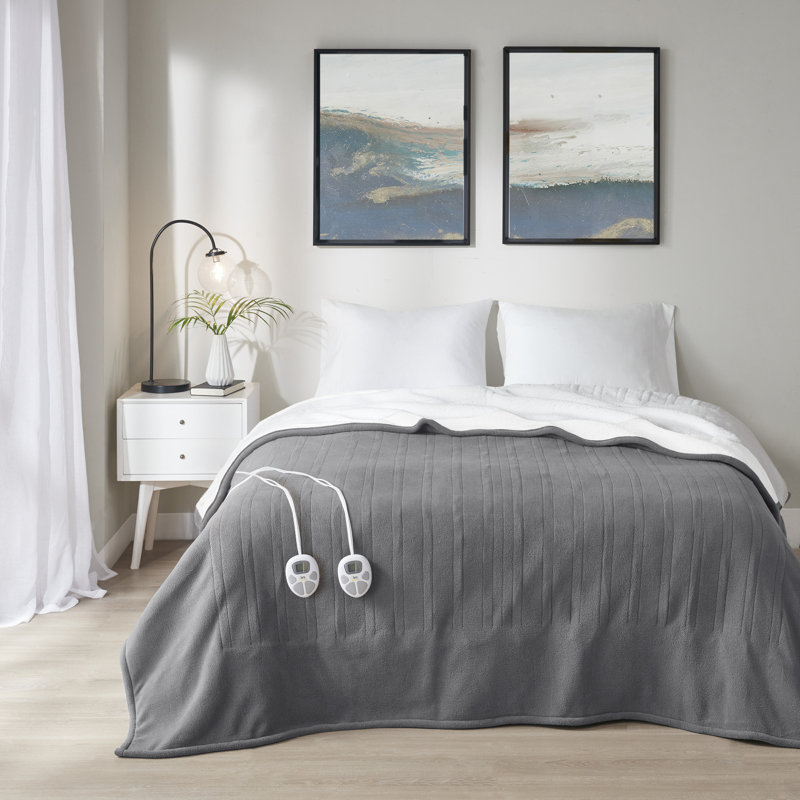 Couverture chauffante molletonnée en sherpa, Très grand lit, Gris foncé