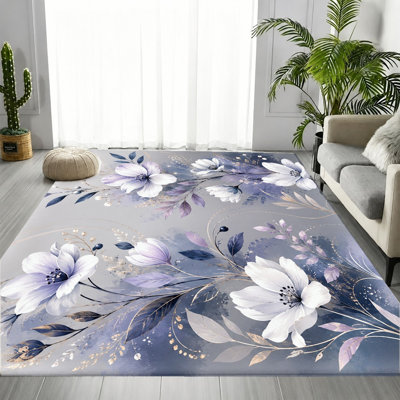 Tapis abstrait bleu et blanc à motif floral abstrait, motif artistique de grandes fleurs, tapis doux, antidérapant et lavable à la machine, décoration intérieure élégante pour le salon, la chambre à coucher, le vestibule, la cuisine, un appartement, un dortoir