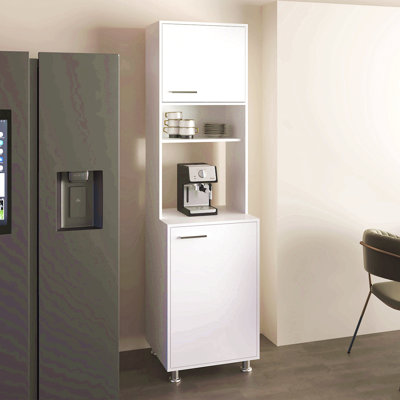 Armoire de cuisine avec deux portes, tablette centrale ouverte et rangement supérieur