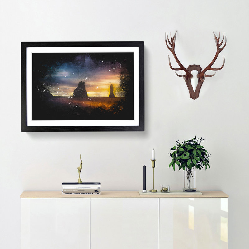 Beach In Vik Iceland Paint Splash - Picture Frame Graphic Art, 62cm H x 87cm W x 2cm D, Black Framed