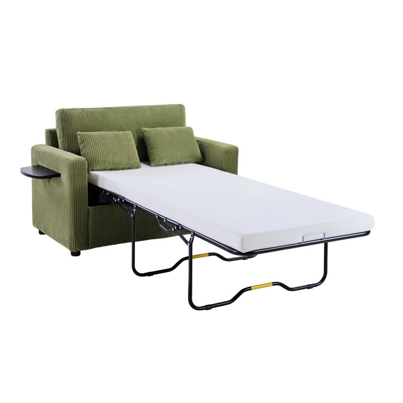 Canapé-lit avec matelas pliable, causeuse avec table d'appoint pliable et deux ports USB pour le salon, Vert