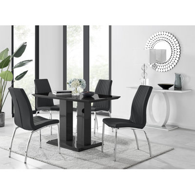 Eubanks High Gloss Double Pillar Dining Table Set with 4 Luxury Faux Leather Dining Chairs
