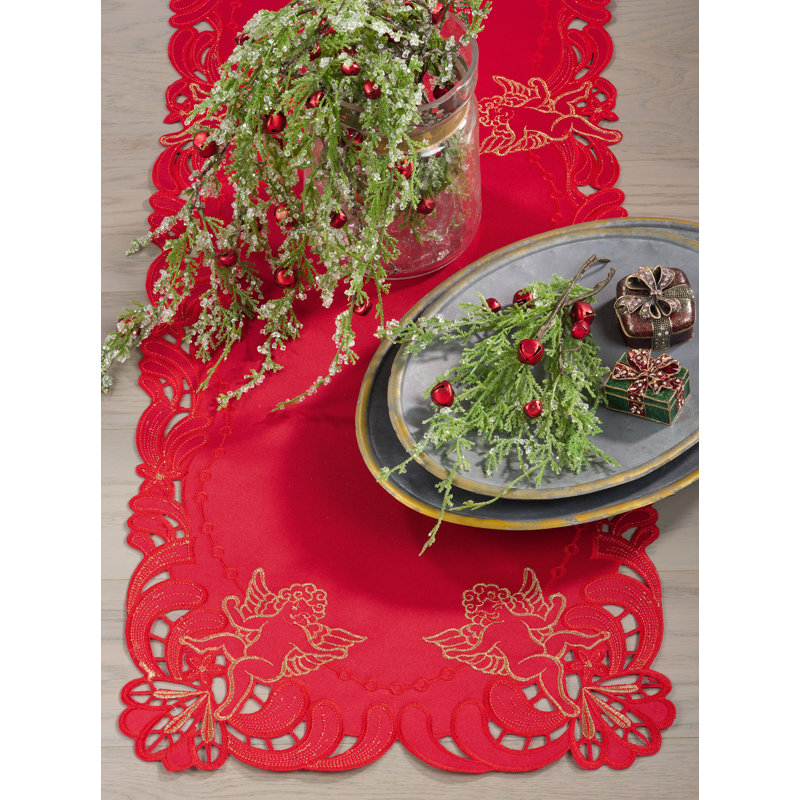 Embroidered Angel Cherub Holiday Table Runner, Red, 72" x 16"