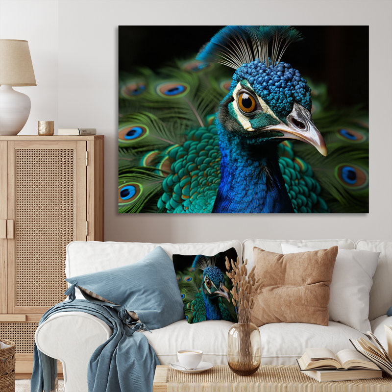Teal Green Peacock Portrait - Animals Wall Art Prints, H 24 po x l 32 po x P 1 po, Toile tendue