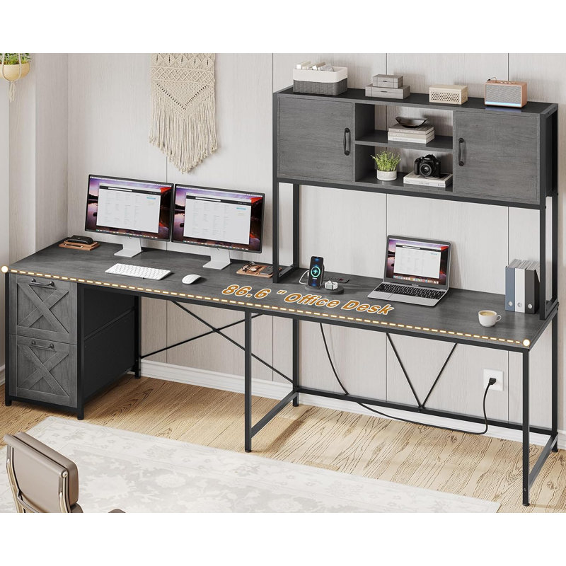 Jimmya Modular L-Shaped Steel Computer Desk with Built-In Electrical Outlet, Gray/Black