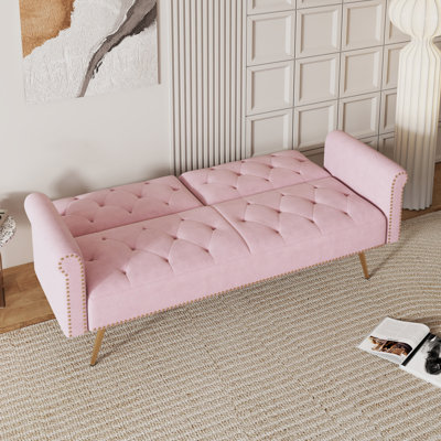 Canapé-lit convertible moelleux en velours beige avec têtes de clou décoratives