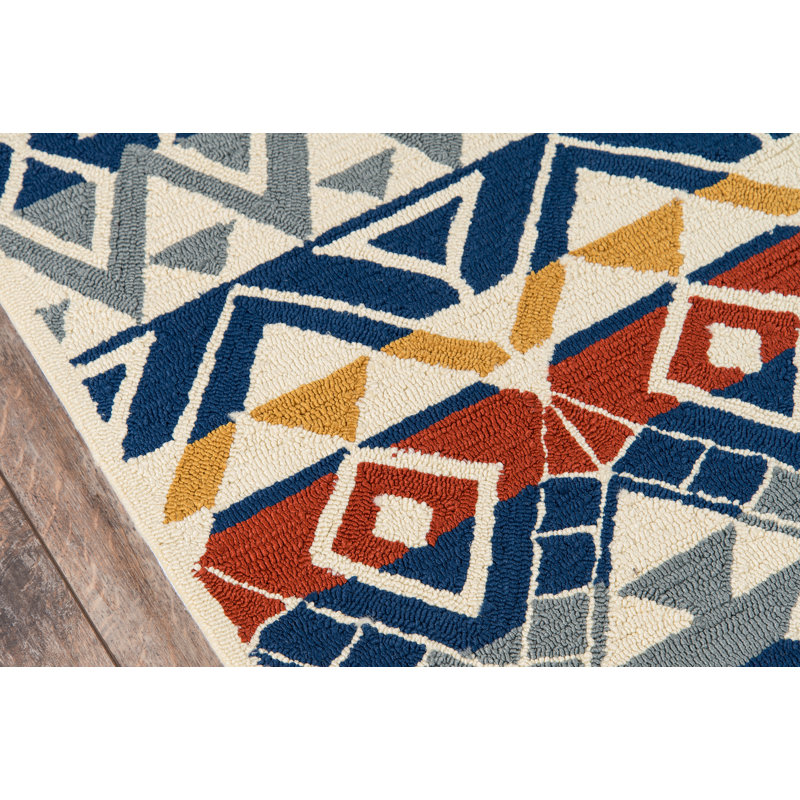 Tapis bouclé / crocheté à la main bleu / vert / rouge Alisabeth, Rectangle 2 pi x 3 pi