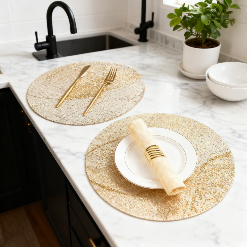 Round Vinyl Placemats Set Of 8, Gold Leaf Design Non-Slip Table Mats For Indoor And Outdoor Use, Hollow Metallic Decor For Dining, Parties, And Weddings