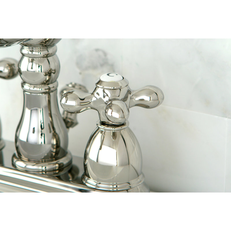 Kingston Brass Heritage Two-Handle 3-Hole Deck Mount 4" Centerset Bathroom Faucet with Plastic Pop-Up, Brushed Nickel