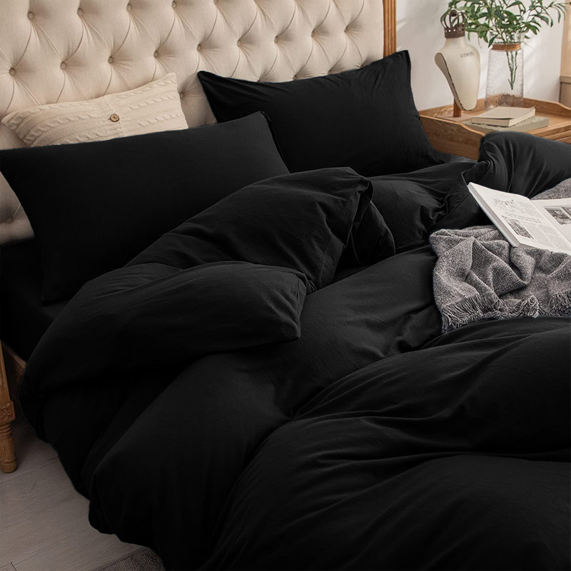  Ultra Soft Microfibre 200 TC Reversible Duvet Cover Set with Pillow Cases, Black, King Duvet Cover + 2 King Shams