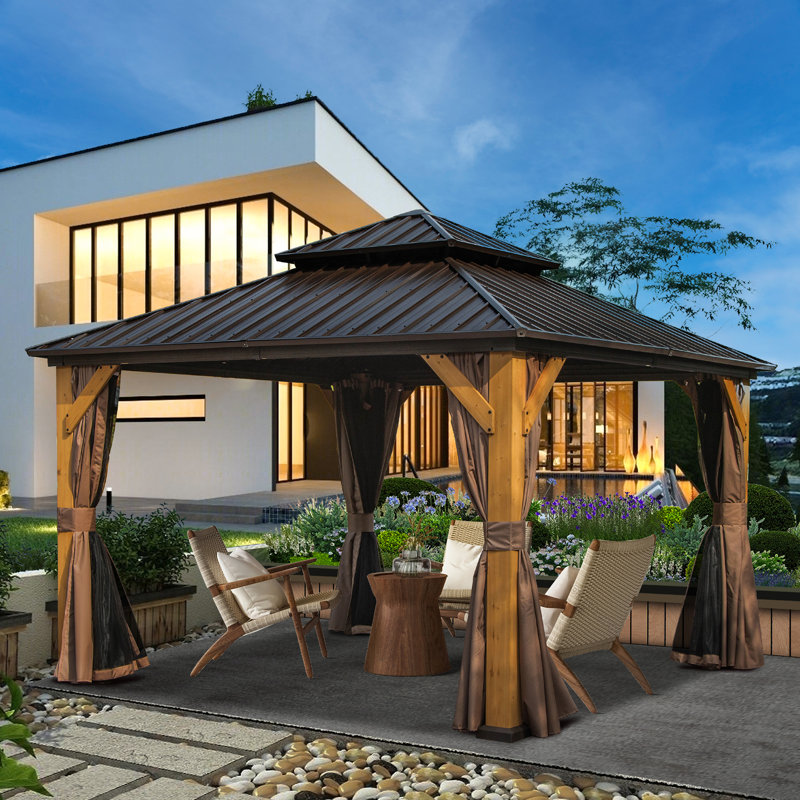 Solid Wood Post Patio Gazebo with Metal Frame, 12 ft x 12 ft