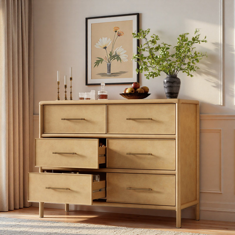 Commode avec 6 tiroirs et poignées dorées, Naturel