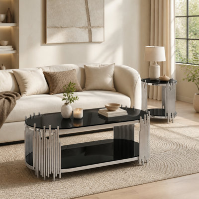  Ensemble 2 pièces table basse et table de bout ovale en verre trempé 2 pièces